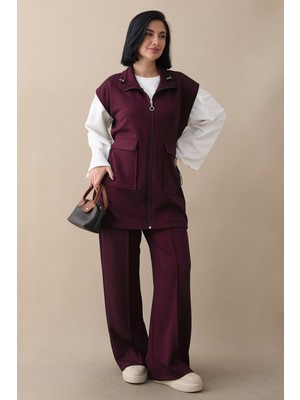 inStyle Fermuarlı Yelek Pantolon Bordo Ikili Oyşo Takım