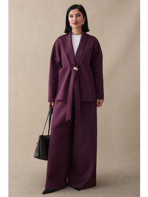 inStyle Kadın Mürdüm Broş Detay Ceketli İkili Takım Scuba Kumaş Özellikleri ile Şık