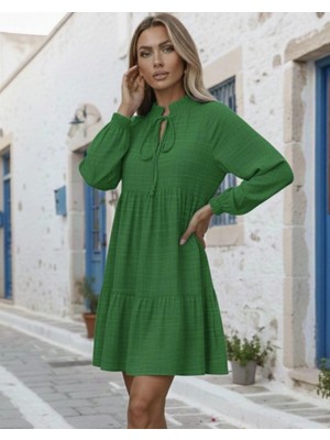 Marsilyan- Kadın Uzun Kollu Yakadan Bağcıklı Fırfırlı Keten Mini Elbise