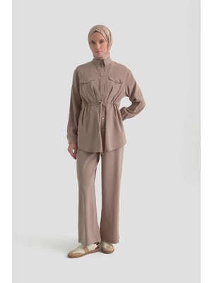 Armine Trend Beli Büzgü Detaylı Pantolonlu Ikili Takım Vizon 26YT619