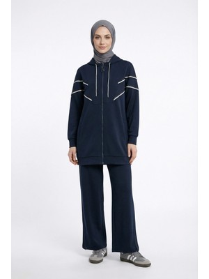 Armine Trend Kapüşonlu Simli Şerit Detaylı Pantolonlu Ikili Takım Lacivert 25KT631