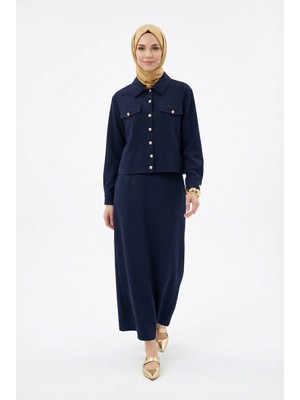 Armine Trend Gold Düğmeli Süs Cep Detaylı Etekli Ikili Takım Lacivert 26YT683