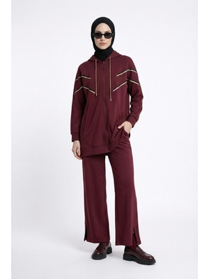 Armine Trend Kapüşonlu Simli Şerit Detaylı Pantolonlu Ikili Takım Bordo 25KT631