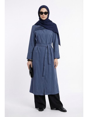 Armine Trend Yakası File Detaylı Belden Kuşaklı Yandan Fermuarlı Kap Lacivert 26YT702