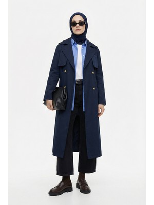 Armine Trend Belden Kuşaklı Allerli Trençkot Lacivert 26YT706