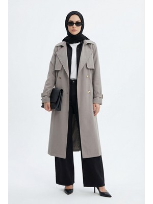 Armine Trend Belden Kuşaklı Gold Düğmeli Allerli Trençkot Vizon 26YT708