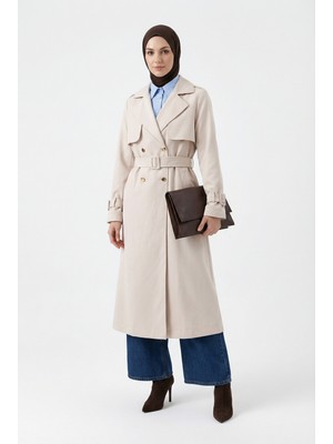 Armine Trend Belden Kuşaklı Gold Düğmeli Allerli Trençkot Bej 26YT708