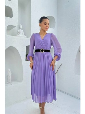 Dip Moda Kadın Kemer Detaylı Kruvaze Yaka Piliseli Lila Midi Elbise