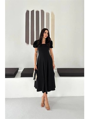 Dip Moda Kadın Siyah Kare Yaka Balon Kol Midi Boy Elbise DPK4550