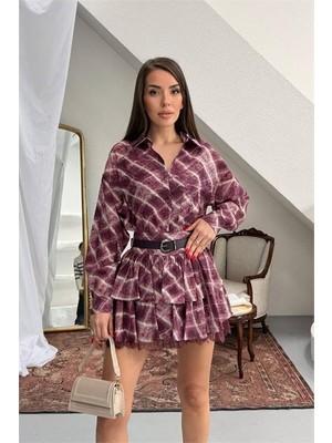 Dip Moda Kadın Bordo Gömlek Yaka Kat Kat Ekose Desen Mini Elbise DPNP025