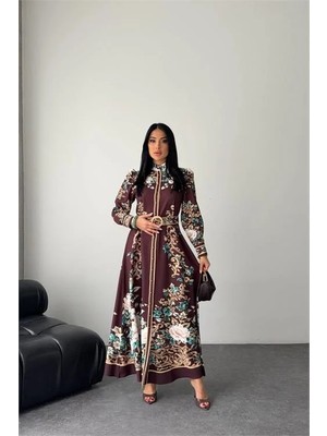 Dip Moda Kadın Kahverengi Hakim Yaka Çiçek Desenli Maxi Boy Tasarım Elbise DPMS2653