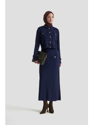 Armine Trend Boydan Düğmeli Cepli Etekli Triko Ikili Takım Lacivert 25KT602