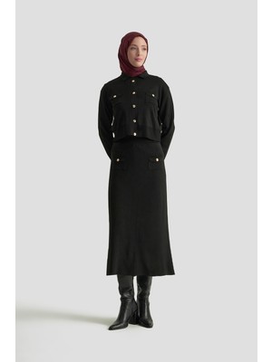 Armine Trend Boydan Düğmeli Cepli Etekli Triko Ikili Takım Siyah 25KT602