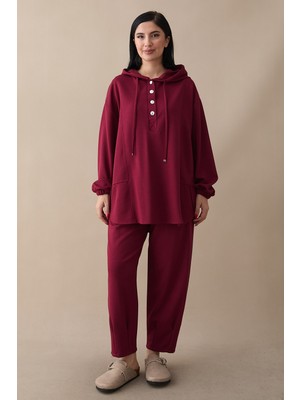 inStyle Kapüşonlu Düğmeli Ikili Bordo Modal Takım