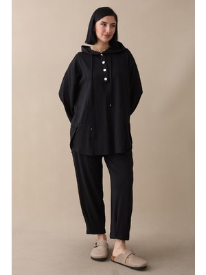 inStyle Kapüşonlu Düğmeli Ikili Siyah Modal Takım