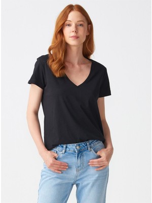 Dilvin 3470 Kadın Siyah V Yaka Kısa Kol Basic T-Shirt Düz Renk Pamuk