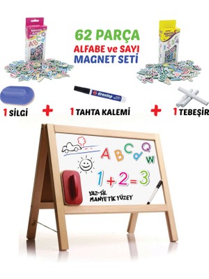 Diytoy Masaüstü Manyetik Çift Taraflı Ahşap Yazı Tahtası 62 Parça Alfabe ve Sayı Seti 45x40 cm