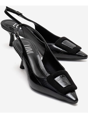 Luvi Dublın Siyah Baskı Tokalı Kadın Topuklu Ayakkabı