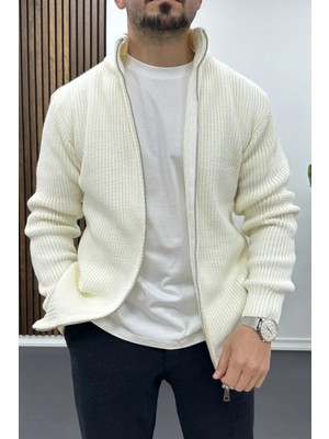 Edwox Erkek Slim Fit Fermuarlı Hırka Ekru EDW434