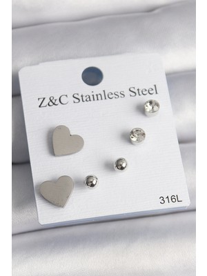 Ayşegul Hediyelik 316L Çelik Gold Renk Zirkon Taşlı Kalpli Kadın Küpe Seti