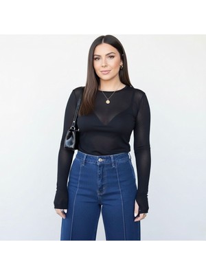 Koza Butik Kadın Büyük Beden Uzun Kollu Kayık Yaka Transparan Viskon Bluz 2037-26