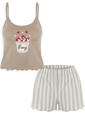 Koza İç Giyim Kadın Ince Askılı Desenli Pamuklu Şortlu Pijama Takımı