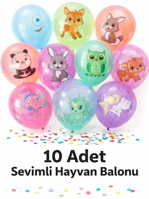 10 Adet Sevimli Hayvan Figürlü Lüks Renkli Parti Balonu Florasan Balon