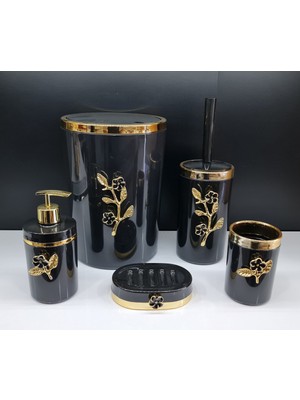 Özbience 5 Parça Yuvarlak Akrilik Banyo Seti Siyah Gold Papatya Desen