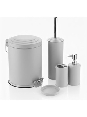 Özbience Şık 5 Parça Gri Banyo Aksesuarları Seti, Çöp Kovası ve Fırçalı Takım