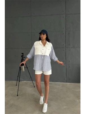 Hiccup Kadın Janes Bol Kesim Çizgili Cepli Bluz Lacivert