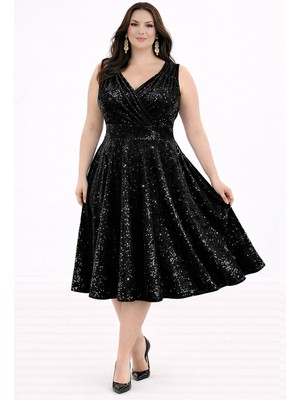 Ruris Kadın Siyah Kadife Pul Payetli Kruvaze Yaka Kloş Midi Boy Büyük Beden Abiye Mezuniyet Davet Elbisesi