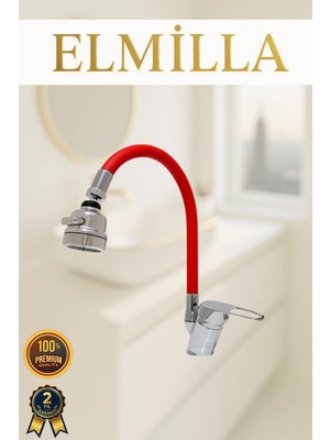 ELMİLLA Kırmızı Esnek Oynar Borulu Fonksiyonlu Mutfak Eviye Bataryası, Musluğu, Çeşmesi Çift Su Girişli
