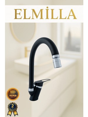 Siyah Krom Mix Baston Evye Bataryası Musluğu Oynar Başlıklı