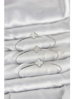 VeraGlobe Buğz Gümüş Renk Yonca Model Zirkon Taşlı 3'lü Kadın Bileklik Kombini