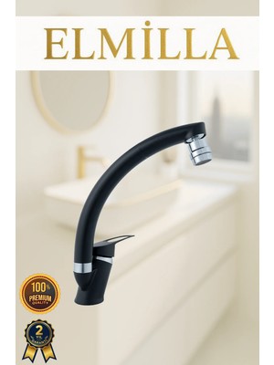 Siyah Krom Mix Kuğu Evye Bataryası Musluğu Oynar Başlıklı