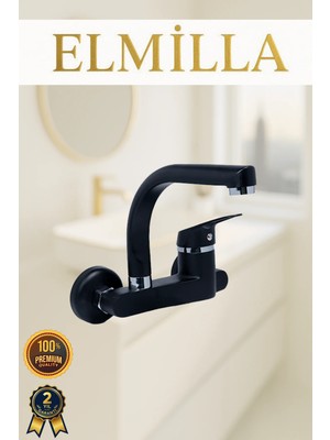 Siyah Duvardan Oynar Borulu Mutfak ve Lavabo Bataryası Yandan Aplike Batarya Çift Su Girişli