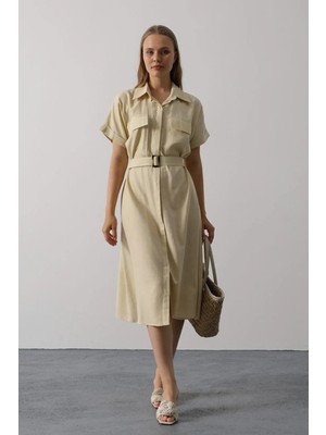 Hiccup Kadın Janes Kemerli Midi Elbise, Gömlek Yakalı Fildişi Doğal