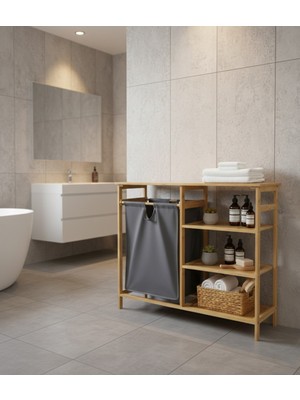 Özbience Çok Katlı Doğal Bambu Yan Üniteli Çamaşır Sepeti ve Banyo Dolabı
