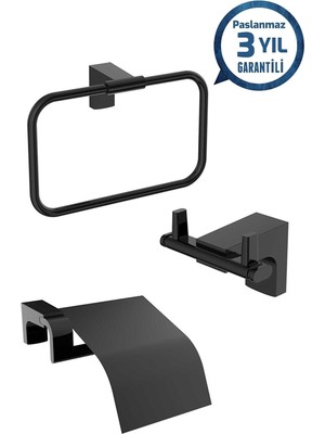Özbience Paslanmaz F1 Mat Siyah Üçlü Eşya Seti: Tuvalet Kağıtlık, Havluluk, Askılık
