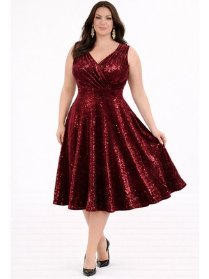 Ruris Kadın Bordo Kadife Pul Payetli Kruvaze Yaka Kloş Midi Boy Büyük Beden Abiye Mezuniyet Elbisesi