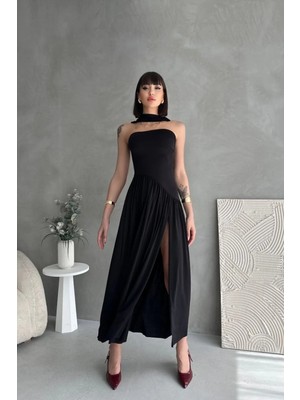 Hiccup Kadın Janes Askısız, Dar Kesim, Yırtmaçlı Maxi Elbise Siyah