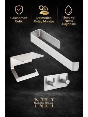 Özbience Pratik 3'lü Set: Paslanmaz Çelik Havluluk, Tuvalet Kağıtlığı ve Askılık