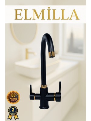 ELMİLLA 3 Yollu Arıtmalı Baston Borulu Mutfak Bataryası Siyah Gold Lüx