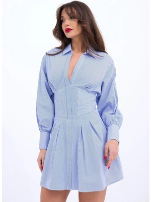 Hiccup Kadın Janes Gömlek Yaka Detaylı, Çizgili Mini Elbise Kehribar Sarısı