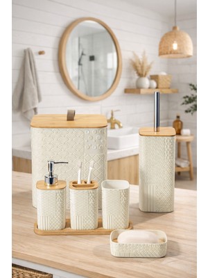 Özbience Desenli 7 Parça Bambu Banyo Seti, Kapaklı ve Aksesuarlı Şık Tasarım