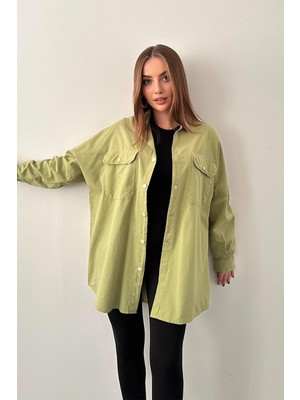 Elbee Fashion Woman Yağ Yeşili Çift Cep Kapaklı Çıtçıtlı Gömlek