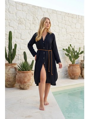 Miespiga Pamuklu Dokuma Müslin Hakim Yaka Kemer Detaylı Plaj Gömlek Elbise