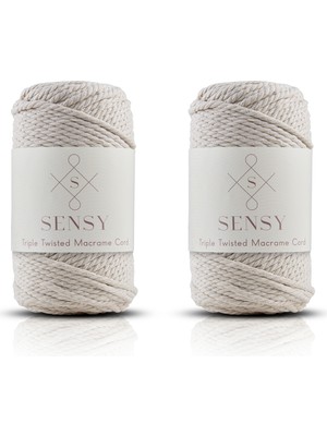 Sensy 3 mm Üç Büküm Ekru Makrome İpi 500 gr 2'li Set Geri Dönüşümlü Pamuk Halat İpi