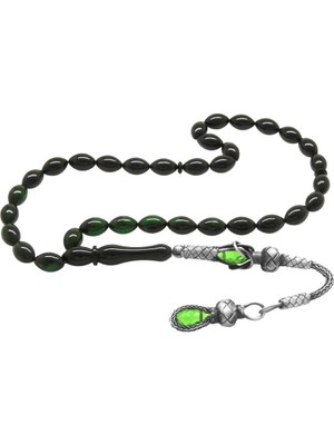 Tesbihane 1000 Ayar Gümüş Kazaz Püsküllü Arpa Kesim Süzme Yeşil-Siyah Ateş Kehribar Tesbih