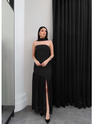 Esra Helvacı Tül Detaylı Asimetrik Straplez Elbise